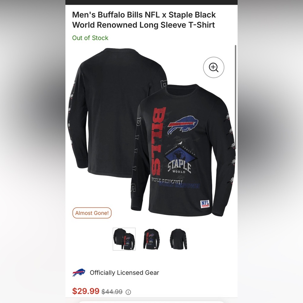 NFL Staple Bills World Renowned Black Long Sleeve Shirt with Pigeons